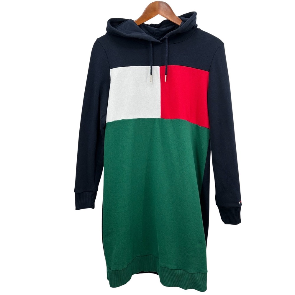 Tommy Hilfiger Denim Hoodie Dress Signature Colorblock Sweatshirt Women's Medium
